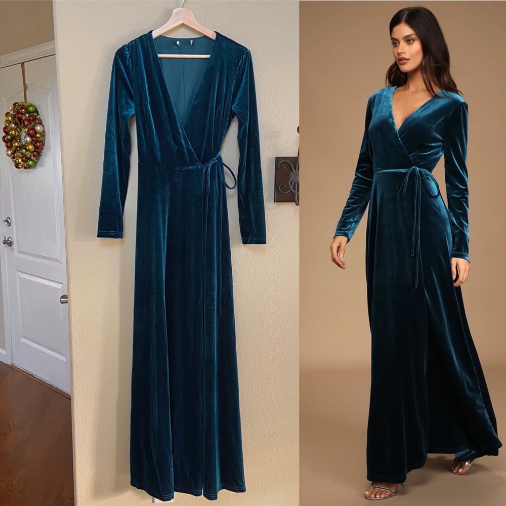 🆕 Teal Blue Longsleeve Velvet Wrap Maxi Dress 🌿